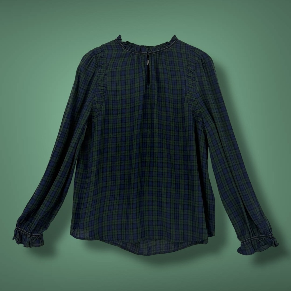 Loft Plaid Ruffle Velvet Trim Long Sleeve Blouse‎ Large